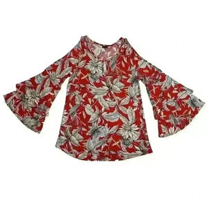 Lascana for Venus Womens XS Red White Floral Cold Shoulder Tunic Flutter Sleeve